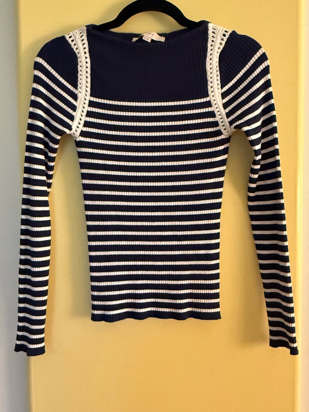 LOFT Navy and White Striped Ribbed Crewneck Sweater